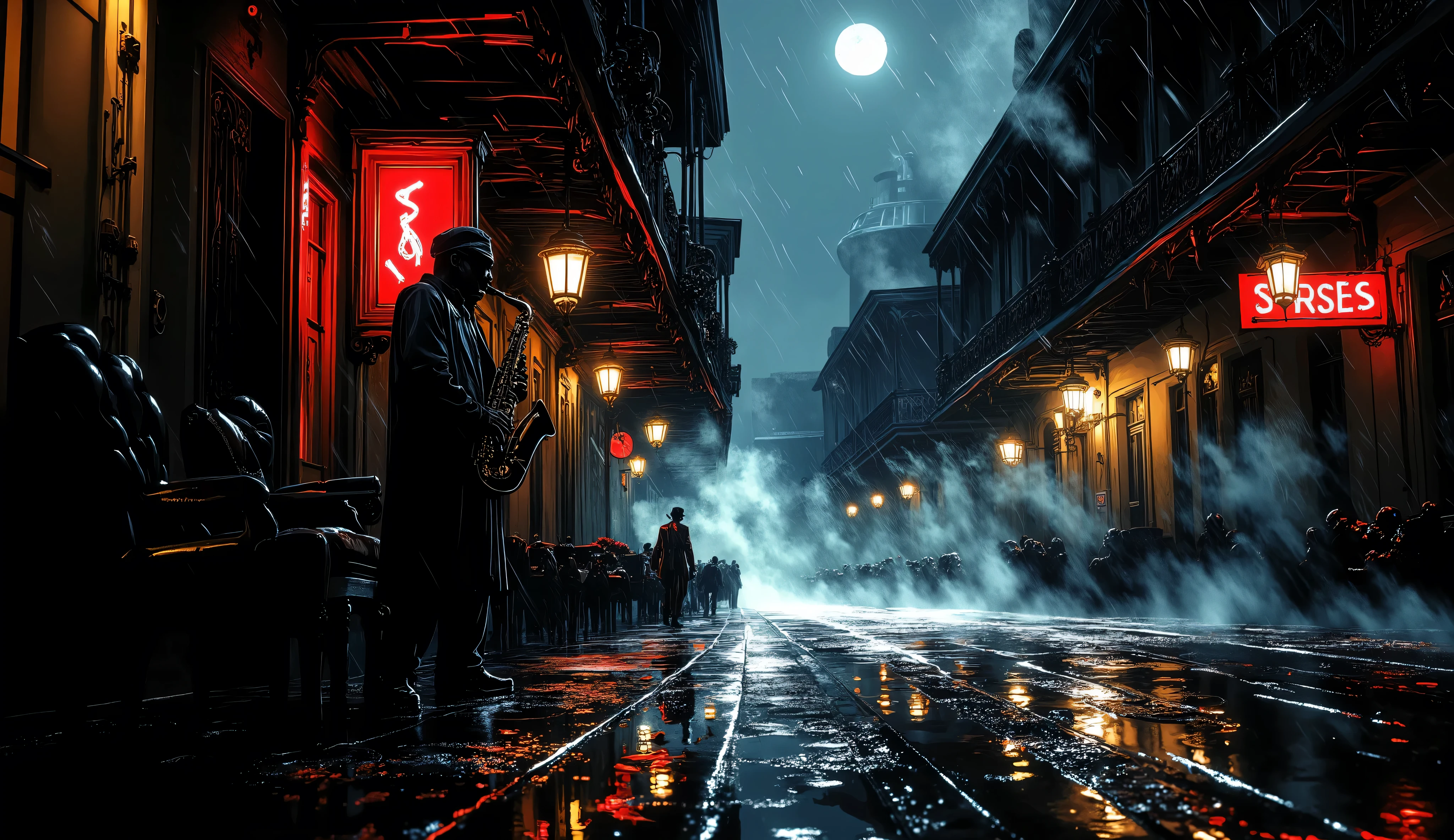 Lone jazz saxophonist, rain-drenched street corner in New Orleans French Quarter, playing saxophone soulfully, night scene 1940s, steam rising from manholes, wet cobblestone streets reflecting neon signs, historic ornate buildings, dramatic low-key lighting, rain droplets catching light, cigarette smoke curling, moody neon glow, noir-style illustration, cinematic composition, Edward Hopper inspiration, muted blues and blacks with splashes of neon reds and yellows, deep contrast, atmospheric perspective, melancholic mood, detailed rain effects, glistening wet surfaces, emotional scene, intricate details, sharp focus, volumetric lighting, 8K resolution, photorealistic rendering, high dynamic range, masterpiece, award-winning illustration, dramatic shadows, urban decay, nostalgic feeling, artistic photography style, hyper-detailed, professional color grading, crisp details