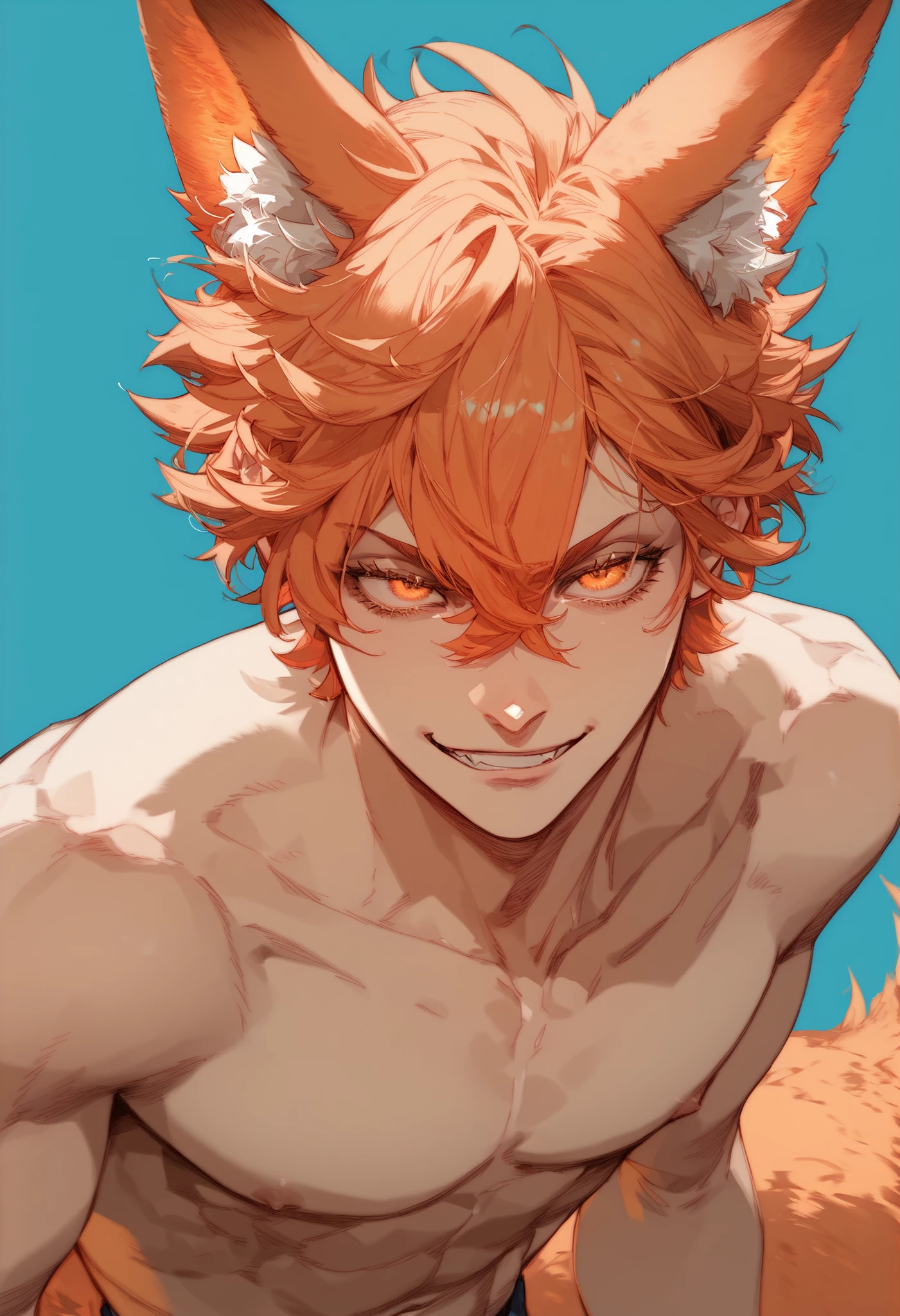 1man, Solo, cowboy shot angle, Short Hair, Bangs, Hair Between Eyes, messy hair, orange hair, orange eyes, long eyelashes, keen eyes, smirk, fox ears, fox tail, simple background, slutty clotches, athletic body, ,