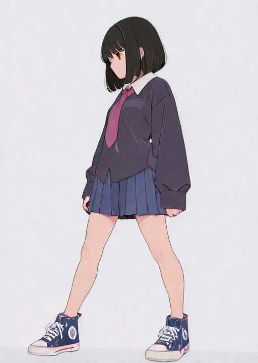 Tomo takino, Girl, black hair, pink sailor school uniform, brown skirt, slender figure, medium breasts, panty, ass, thighs, white socks, brown shoes, standing, back of view, ass cheeks, skirt wedgie