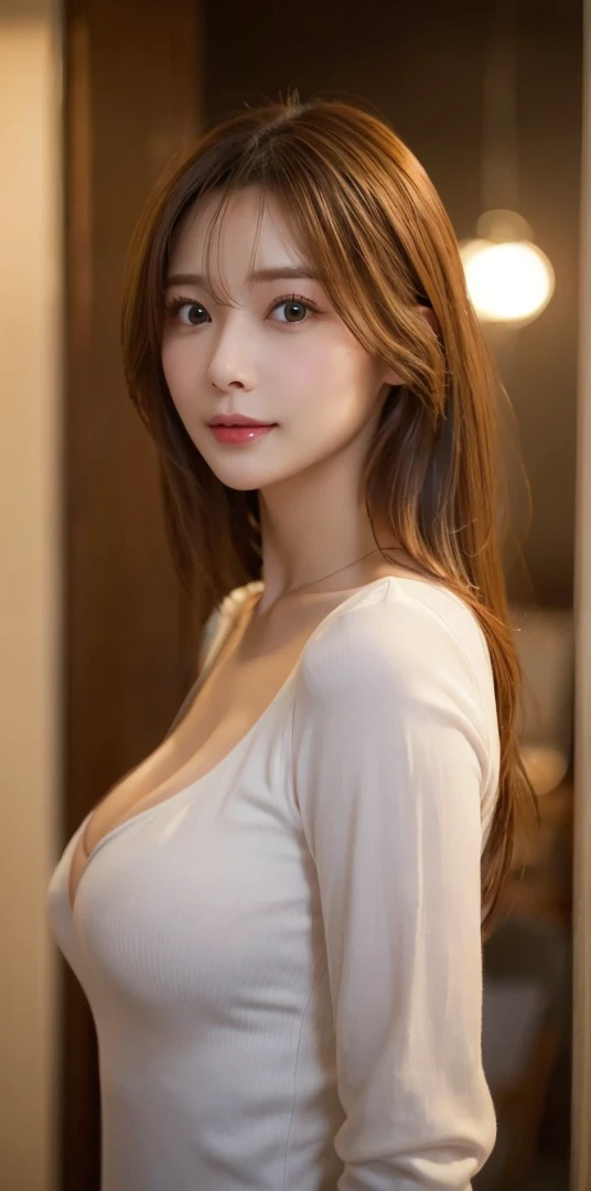 ((realistic light, highest quality, 8K, table top: 1.3)), 1 girl, solo, beauty of slim body: 1.4, brown hair, (((super big: 1.3)), off shoulder cut top: 1.3, highly detailed face, fine eyes, double eyelid, my room, smile, cleavage, saggy breasts, (((beauty of saggy breasts))