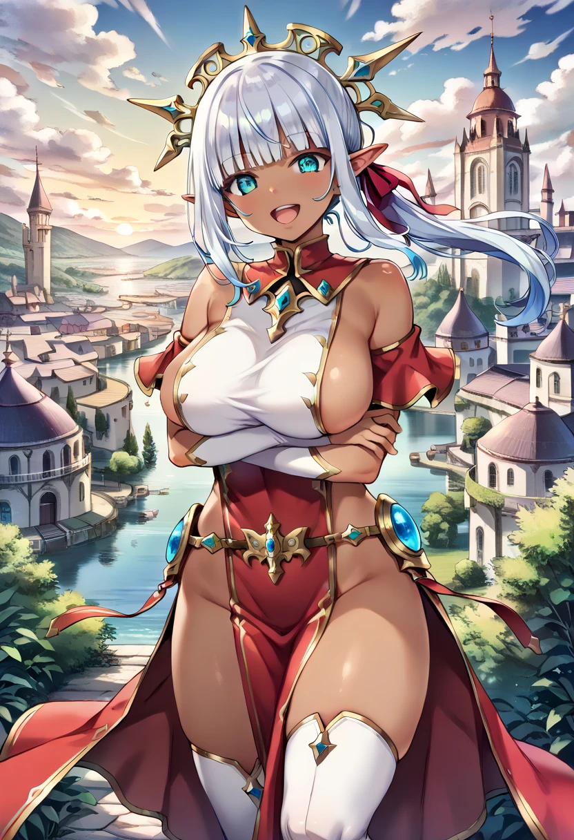 Illustration, 1girl, (((fate/zero))), ((((tiki (fire emblem) )))), ((((irisviel von einzbern)))), (((manakete))), (((fusion))), (((agglutination))), Combination, (((hembra madura))), (((manos en los pechos hipig))), (((hombros estrechos))), (((cintura estrecha))), (((They are smiling))), Cabello largo, enorme, Jardin de un castillo, (((gigantic breasts))), (((mature female))), Obra maestra, mejor calidad, ((Obra maestra)), ((mejor calidra descarrilado)), Parte superior del cuerpo, {{{agglutination}}}, Pose con las manos en las caderaira la cara de la persona))), (((mirada cara a cara))),