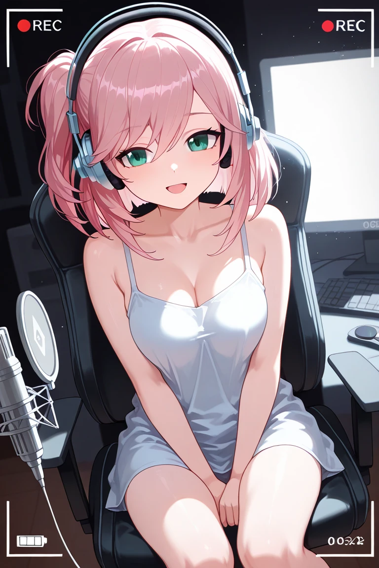 anime girl, cleavage, perfect thighs, thigh gap, long bright pink hair, black headphones on, pink scarf, black knit sweater, short pink skirt, (black stockings), blouse, 8K, high resolution, (((sitting with legs parallel))), see through sweater