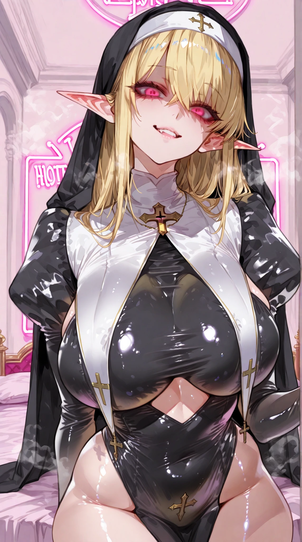 masterpiece, Highest quality, Official Art, Highly detailed CG Unity 8k wallpaper, Detailed Background, (Handcrafted by Guido Daniele), (Finger details), Mature Woman1, (Curvy), (Nuns),  (standing in church), (Nuns gown:1.12), (Chest curtain:1.4), (Nuns skirt:1.11), (White Garter Straps Garter Belt:1.12), (Blonde long hair:1.12), (Hair intake:1.12), (Green Eyes:1.2), blush, (Loving smile, holy smile), ((Huge breasts:1.5、Sagging breasts:1.5、Long Breasts:1.3、sagging breast:1.5)), Tight waist, Shiny skin, (Cross Necklace), indoor, (Sacred Scene), (church:1.11), (Sunlight streaming through stained glass),Mature Woman、((sit、足を広げてsit))、Monastic Clothes、White panties、Photographed from diagonally in front、Confessional Pose、Clasp your hands in front of your chest、Close-up photo of the chest、naughty face、heavy breathing、breast focus、Provocative smile、handjob、Sticking out tongue、penisを手コキ、(3penis、penis)、両手でpenisを手こき、(Blowjob,fellatio)、((3本のpenis、片手ずつでpenisを手コキ))、Facial,((hair cum, licking penis, oral invitation、cum in mouth, bukkake)))