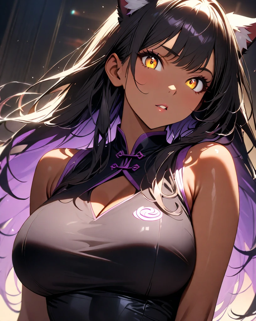 1girl, sky, heaven, dark angel, ((black hair)), long hair, large breasts, ((black top)), sleeveless top, cleavage 1:3, purple eyes, ((black wings)), grin, standng, samurai sword, katana, looking at the viewer, fire