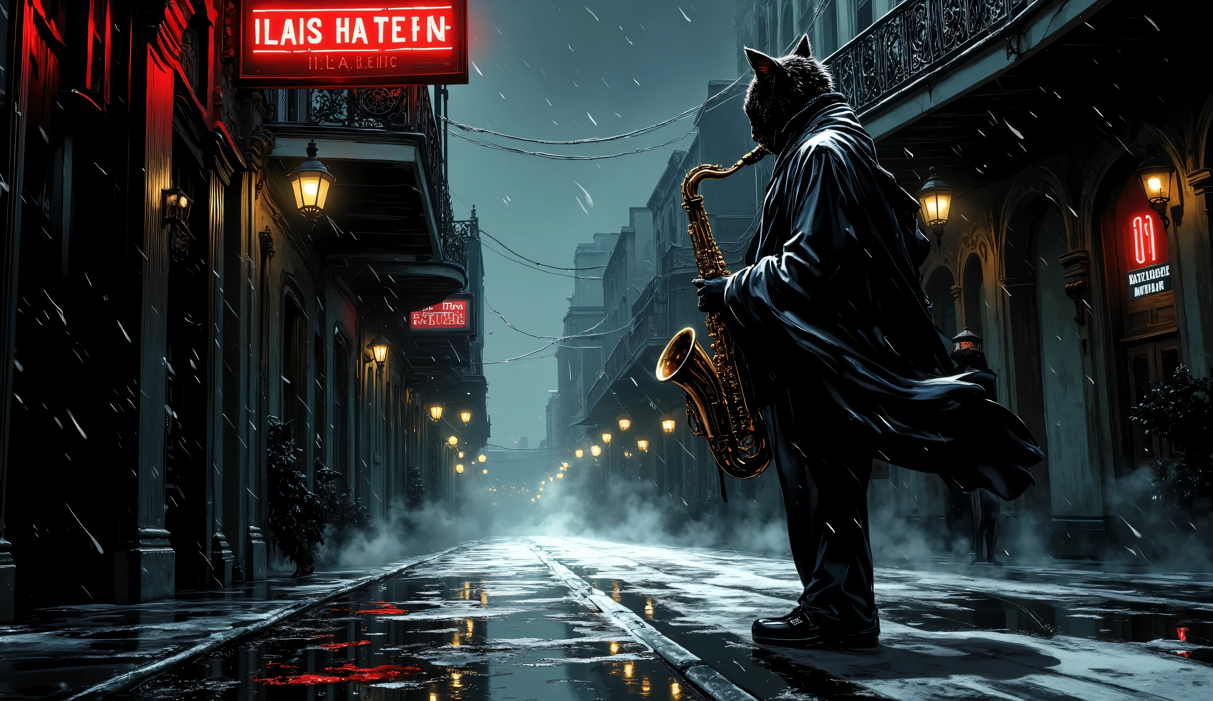 Lone cat jazz saxophonist, rain-drenched street corner in New Orleans French Quarter, playing saxophone soulfully, night scene 1940s, steam rising from manholes, wet cobblestone streets reflecting neon signs, historic ornate buildings, dramatic low-key lighting, rain droplets catching light, cigarette smoke curling, moody neon glow, noir-style illustration, cinematic composition, Edward Hopper inspiration, muted blues and blacks with splashes of neon reds and yellows, deep contrast, atmospheric perspective, melancholic mood, detailed rain effects, glistening wet surfaces, emotional scene, intricate details, sharp focus, volumetric lighting, 8K resolution, photorealistic rendering, high dynamic range, masterpiece, award-winning illustration, dramatic shadows, urban decay, nostalgic feeling, artistic photography style, hyper-detailed, professional color grading, crisp details