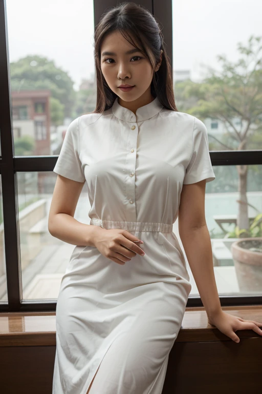 There was a woman in a white uniform, Nurse, full-body xianxia, nurse girl,  healthcare worker, Fitted nurse uniform，White nurse hat，Split nurse overalls，Skinny white trousers，Nice nurse shoes，Beautiful face，The skin of the face is fair and shiny，beautidful eyes，Delicate hair，medium boob，petite and slender figure，Gravure pose，Stand dignified and generous，fully body photo