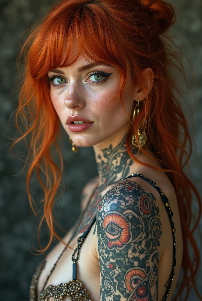 realistic portrait of a 25 year old woman, intense gaze, brown eyes, soft smile, freckles on her face, red hair, colorful tattoos, horror makeup, eyeliner, thin red lips, black skirt, silver accessories, jewelry silver, rain, storn