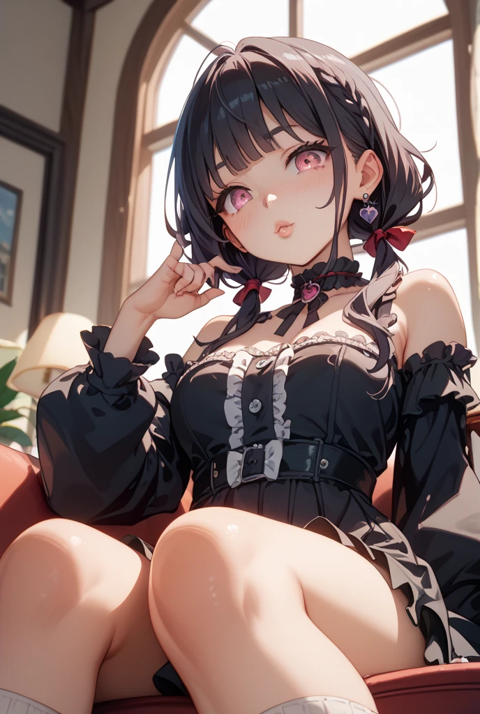 (masterpiece, high quality) 1 girl, woman, view from above, black eyes, hair over shoulders, lob hair, black hair, bangs, perfect body, short black skirt, tight dress, strapless dress, shy, smiling, flirty, sitting in a couch, thick legs,