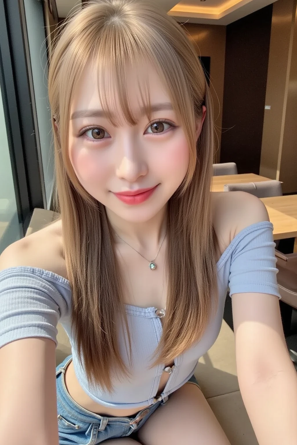 super high quality, Slender, Gravure photoshoot, The staff is working at the counter in the back., (8k、RAW Photos、highest quality、masterpiece:1.2), Japanese Idol, Brown Hair, necklace, Stylish café, The cafe is crowded with people enjoying themselves., (Realistic、Photorealistic:1.37), Mesh Hair, Golden Ratio, Raw photo, Cute face , Light Brown Hair, Earrings, Small breasts, Blurred Background, Spring Clothes, Well-designed furniture, Loose Palmer, Beautiful hairstyle, Spoiled, Open Cafe, A kind smile, Hair blowing in the wind, Neat clothes, Berry Short, 18-year-old,