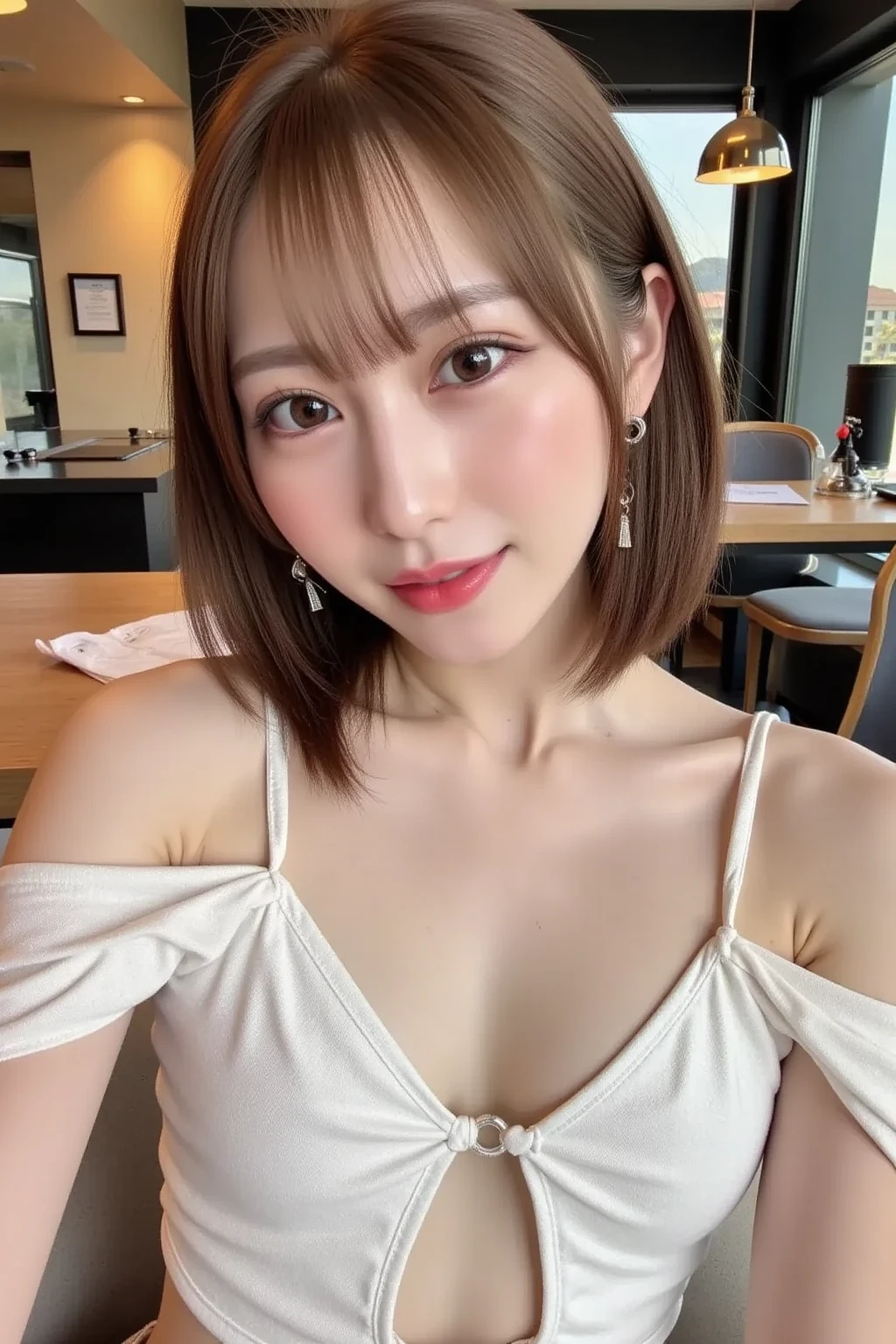 (((masterpiece))), Ultra-high resolution, (8K), (((Looks super realistic))), Highest quality, Ultra-fine, ((Anatomically correct)), Cinema Lighting, (A super beautiful and sexy 29-year-old woman), ((Just One)), Oval Face, Beautiful Face, Grin, Natural Makeup, Small, large eyes, double eyelid, Fine eyebrows, Thick lips, ((short hair:1.3)), ((Pink brown hair color:1.2)), Detailed skin texture, Glowing Skin, Alluring large breasts:1.3, Perfect and beautiful body, Seductive big ass, A perfect fitting outfit with attention to detail, (((Training wear that accentuates the body line))), Gorgeous Necklace, Gorgeous Earrings, Swimwear, whole body