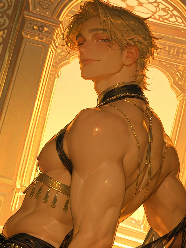 "(Ozymandias, de espaldas, trasero enorme, pose  seductora, sonrisa arrogante, defined muscles, pecho prominente y grande, pecho musculoso enorme, musculos marcados, hombros anchos, poca ropa, fondo negro de estrellas, pecho descubierto, sin armaduras, SIN PANTALONES, sin armaduras doradas, pose sexy, poca ropa, tetas grandes, cuerpo sudado, piernas musculosas, tocandose las tetas de hombre, entrepierna marcada, gran pene, trasero enorme, VENAS MARCADAS, CUERPO MOJADO, con licor en el pecho, con crema en el cuerpo, en el fuego, mucho fuego)"
