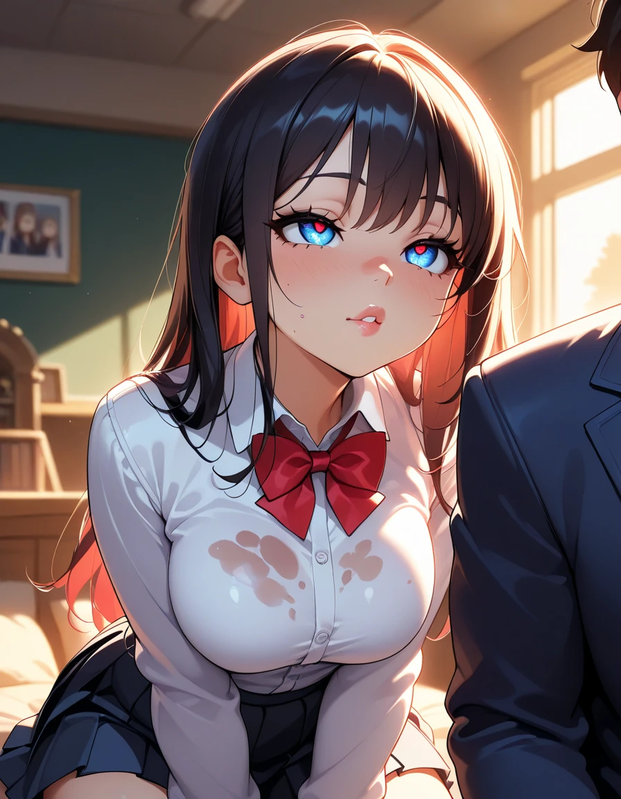 (long hair, moving hair, beige hair)、(((white blouse,pink cardigan、 I can see the underboob、、navy pleatini skirt)),beautiful abs,double、long eyelashes 、(classroom)、 (best quality,high resolution, realistic, highres, 1girl nsfw) ,slender body,vagina sex,missionary,violent movements, spread legs,slant eyes,sweat,saliva,,large breasts,cum in pussy,(girl trembling with sexual climax),(((heart shaped pupils)))、ahegao,opening a big mouth、sticking out tongue、sweating、back bridging、swaying breasts、Watery eye