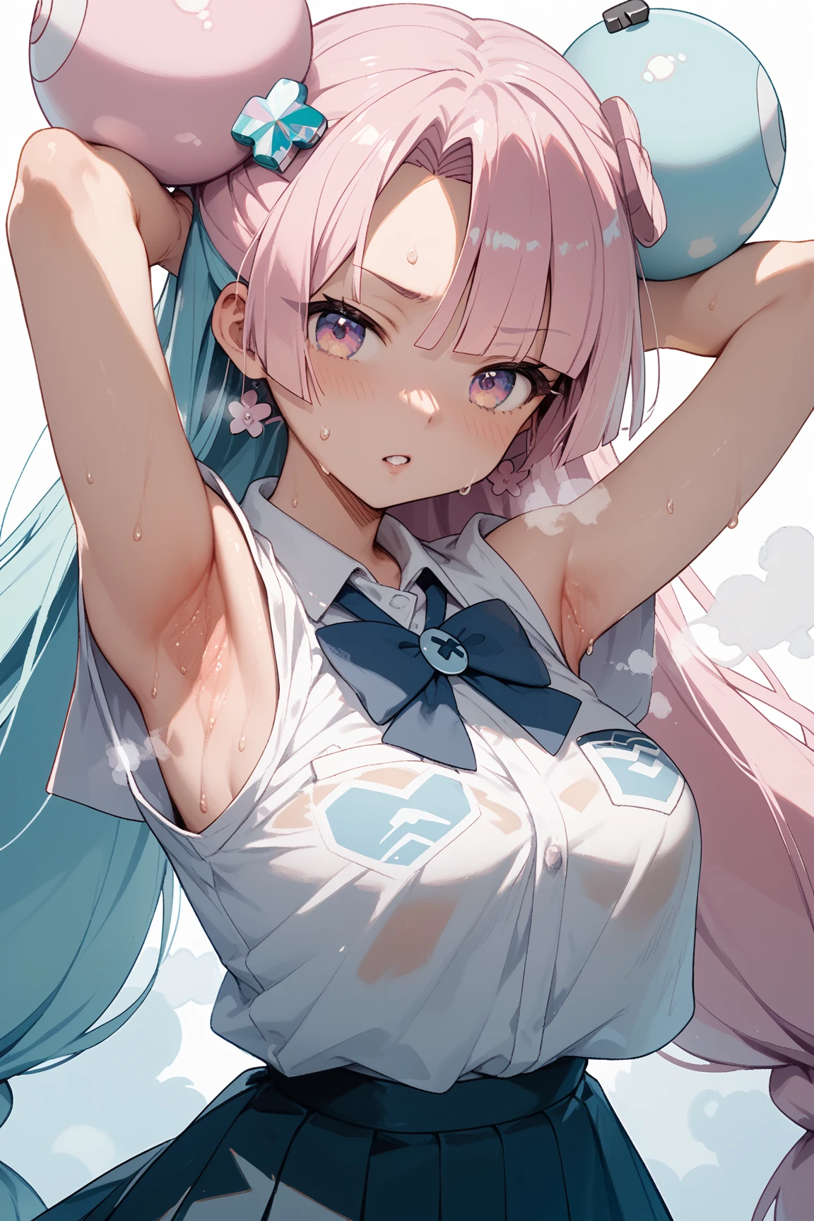 1 girl, animal ears, long hair, Pink and light blue hair,pink eyes,big breasts,tits, long hair, looking at the viewer,Bunny ears, smile, alone, split color hair, two tone hair,naked shirt,On bedding,wet with sweat,tie,stick out tongue