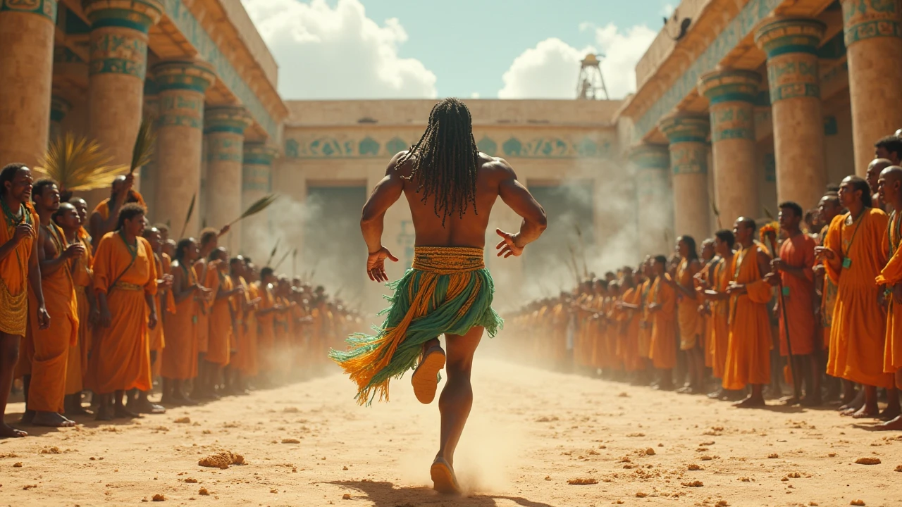 a man without a shirt with paintings on his chest, standing on the top of the tower, holding head of the sacrifice for gods. Beneath him are people cheering