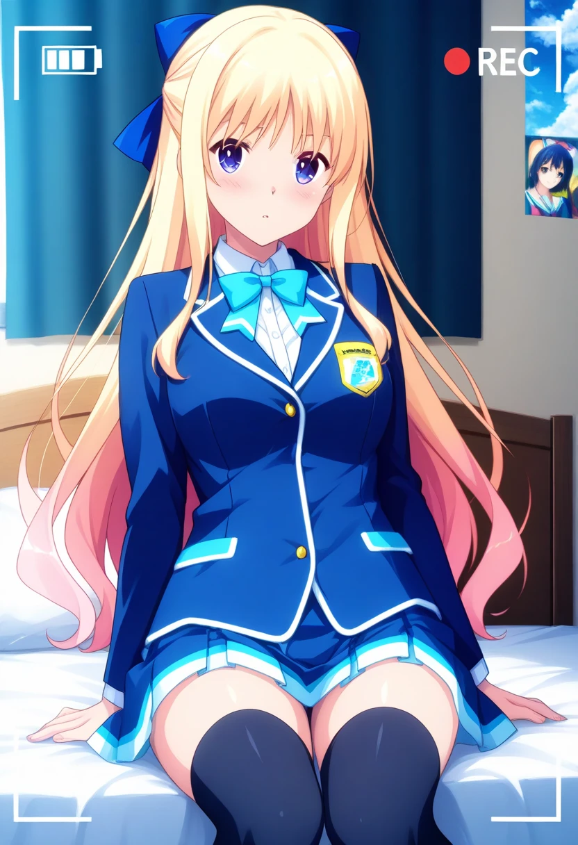 ppgzmyk, blue eyes, blonde hair, twin drills,(white shirt, long sleeves, striped sleeves:1.1), (denim, short skirt:1.1), socks, sneakers, room