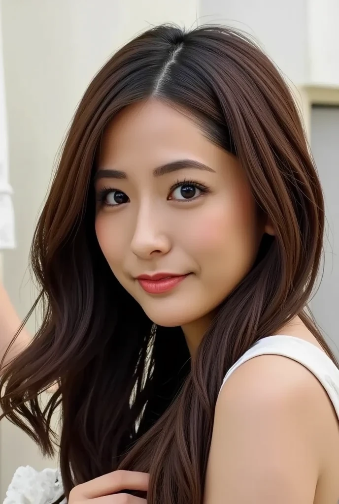 young、beautiful、female announcer、shaped face contour、long hair、brown hair、Fine iris、Elegant、erotic face、glowing skin、juicy lips、an open seductive smile、thick eyelasheodel body shape、earrings、blush、black mini skirt、perfect lighting、perfect shadow、perfect anatomy(((masterpiece))), ((highest quality)), ((Super detailed)), (CG illustration), (Very wicked and beautiful)), (Cute Desktop Face),