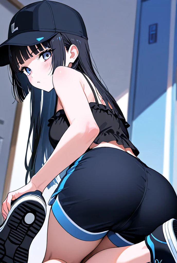 Black Hair, Long Hair, Cute Hips, lure, ,(Cotton shirt、hot pants、Striped thigh-high stockings、sneakers), (Turn around and put your hands on the wall), Bend、BREAK Perfect Anatomy、highest quality、(cute:1.1)、(cute)、(High resolution:1.2)、Unbelievably absurd:1.3、Incredible illustrations、(cuteイラスト:1.2)、Beautiful background、(1 girl) 、solo)、(10th Generation、JK、、Small breasts:1.2)、slender、、、、Eye highlights、embarrassed、、full body、(from behind、from below)