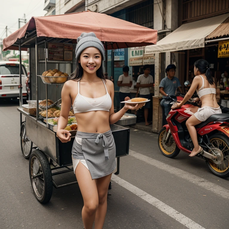 a cute young woman, 20 years old, wearing tourist low rider short shorts, tiny tourist tank top, sandals, tramp stamp tattoo, shopping at an open air market manned by hijab wearing women, malaysia, best quality, 8k, highres, masterpiece, ultra-detailed, realistic, photorealistic, photo-realistic, HDR, UHD, studio lighting, ultra-fine painting, sharp focus, physically-based rendering, extreme detail description, professional, vivid colors, bokeh, portraits, photography, warm colors, natural lighting