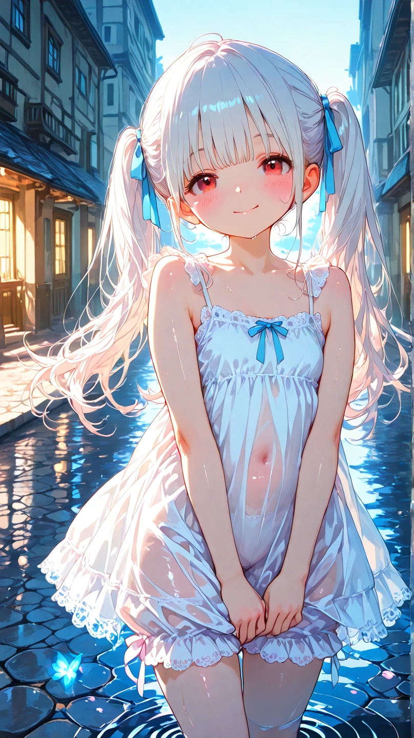 ((Highest quality)), ((masterpiece)), ((detailed)), nsfw, 1ghost girl, 独奏, pale skin, silver hair, long hair, flat chest, sundress, pantyless, spread legs, heterochromia, yellow eye, (sad), sad smile, aroused, rain, (wet), night town, see through