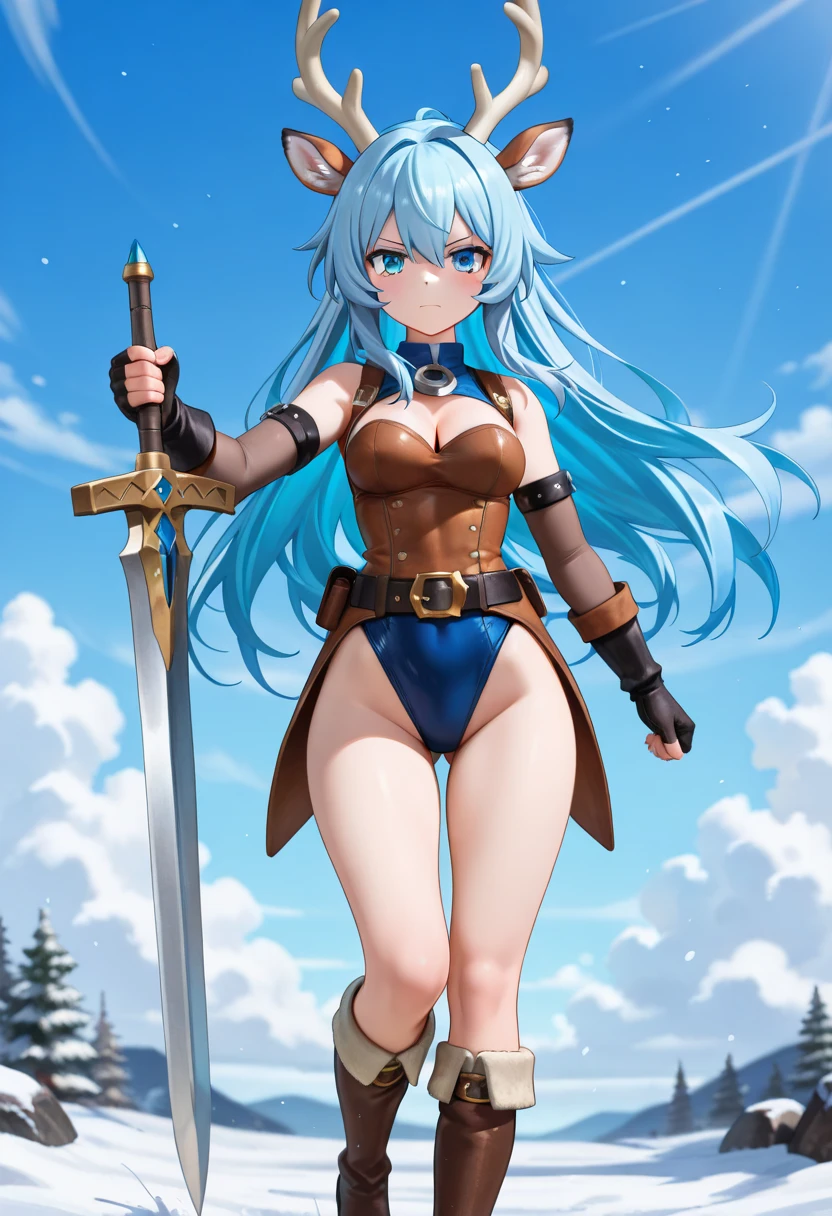 Masterpiece, Best Quality, 1girl, armor, armored boots, bangs, bikini armor, black gloves, blue skirt, blue sky, boots, breasts, cape, cleavage, closed mouth, cloud, day, full body, gauntlets, gloves, greaves, blue hair, hair ornament, perfect body, perfect breasts, long hair, looking at viewer, midriff, mountain, mountainous horizon, navel, outdoors, pauldrons, pelvic curtain, red cape, shoulder armor, side slit, skirt, sky, smile, snow, solo, standing, stomach, thighhighs, thighs, yellow eyes