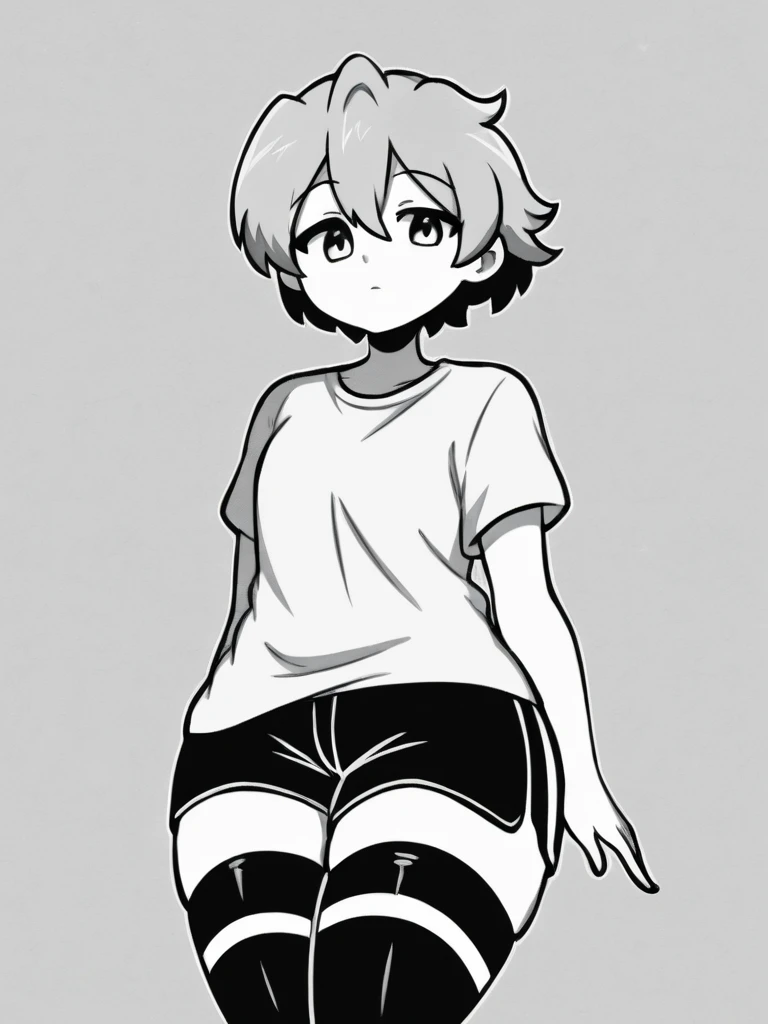 best quality , monochrome , lineart,1girl, bob cut, flat chest , short hair , , hand on hip, looking at viewer,open mouth,white background.