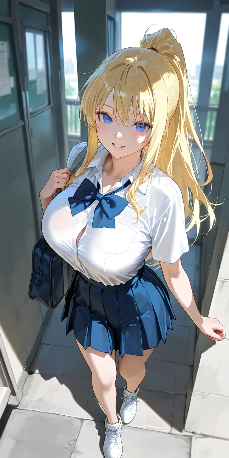 (One girl), Beautiful smile,Embarrassed face, Close your mouth,Glossy Lips,Abstract, School, masterpiece, highest quality, so beautiful, Absurd, up to date, Complex details,(Looking down from above), AI-generated, Complex,High resolution, highest quality, super high quality,3D Images、View the viewers、3D Images,one person,anime girl with long blonde hair and blue eyes posing for a picture, a hyperRealistic , hyperRealistic , Realistic , blonde anime girl with long hair, Smooth anime CG art, Beautiful anime school girl,White long sleeve blouse,Blue checked skirt,Blue Chest Ribbon, (Large Breasts:1.5), Mature Body,Fine details,Abdominal muscles