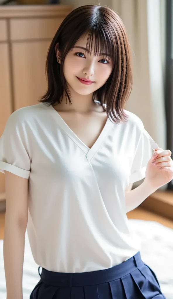Highest quality, shape, Very detailed, finely, High resolution, 8k wallpaper, 完璧なダイナミックな構shape, Beautiful and detailed, Natural Lip, whole body,(((The background is in the room)))(((Wear a white T-shirt)))(((A kind smile)))
