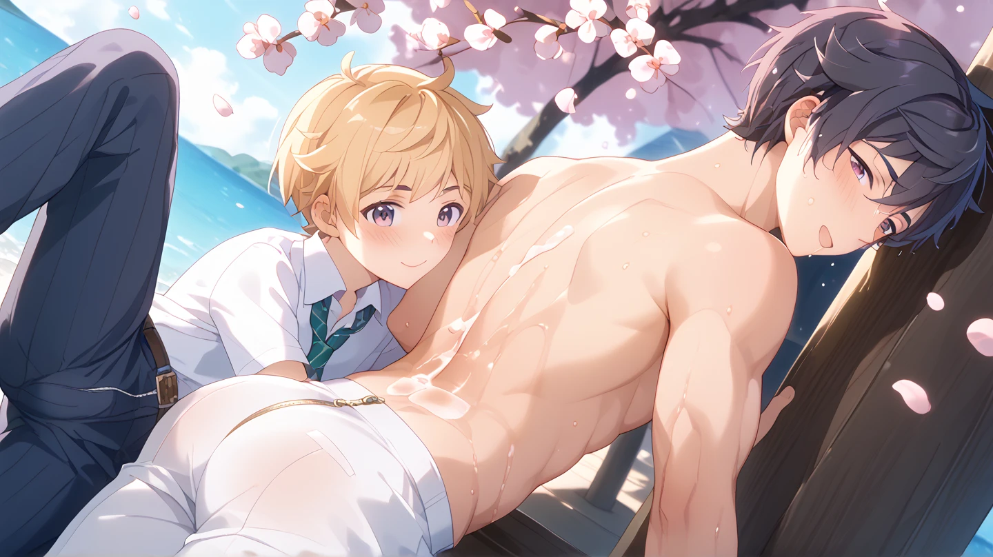 absurdres, highres, ultra detailed, HDR, master piece, best quality, Quincy, blonde hair, expressive amber eyes, Nu Carnival , solo, sexy man, handsome, horny, lewd, without shirt, naked, from behind, POV you, hands touching ass, fantasy, magical, pink flowers, pink butterflies, blue sky, pink petals