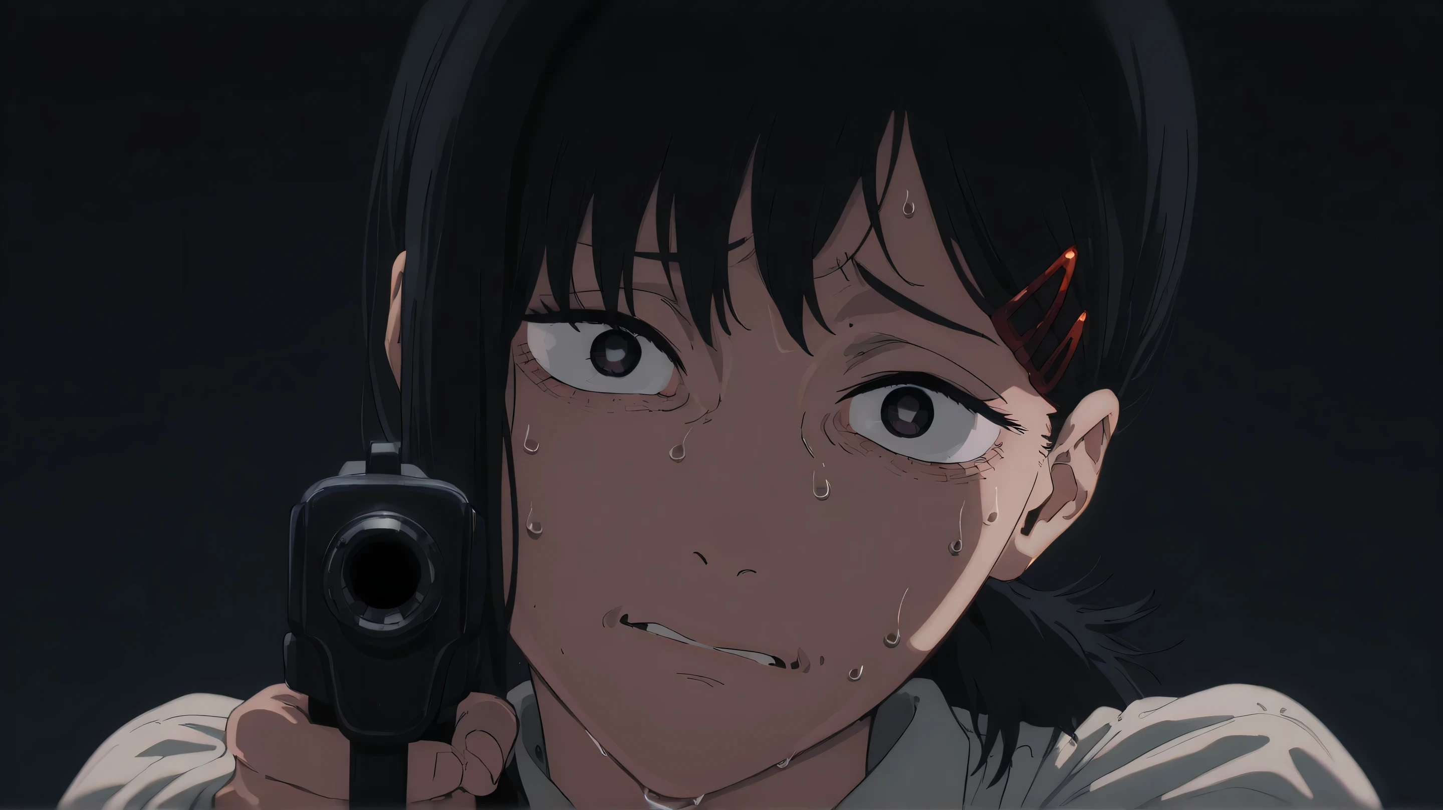 kobeni chainsaw man, looking at viewer, attractive, beautiful, head tilt, blank eyes, dark background, full face, nervous, sweat, pointing a gun, masterpiece, best quality