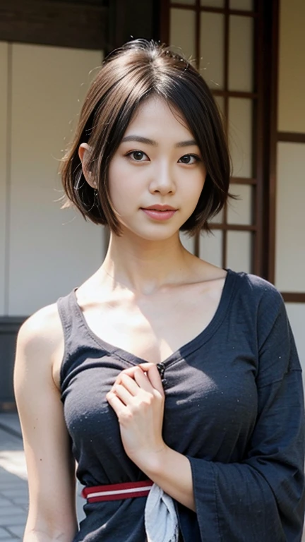 Top quality, 1 beautiful woman, super short Hair, shy Smile, wearing tanktop, From Above