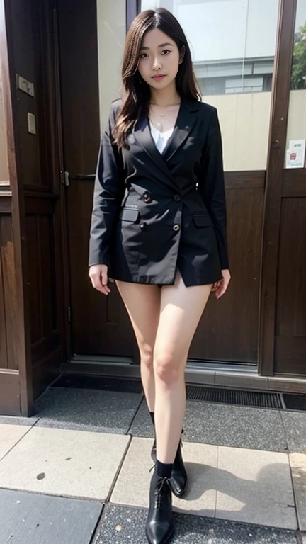 entrance 、, Highest quality, shape, Very detailed, In detail, High resolution, 8k wallpaper, Perfect dynamic composition, Beautiful details, Natural Lip, suit, Big Breasts, Cleavage, She is taking off her shoes, Her face is deep in thought..., A masterpiece of the whole body, Full Body Shot