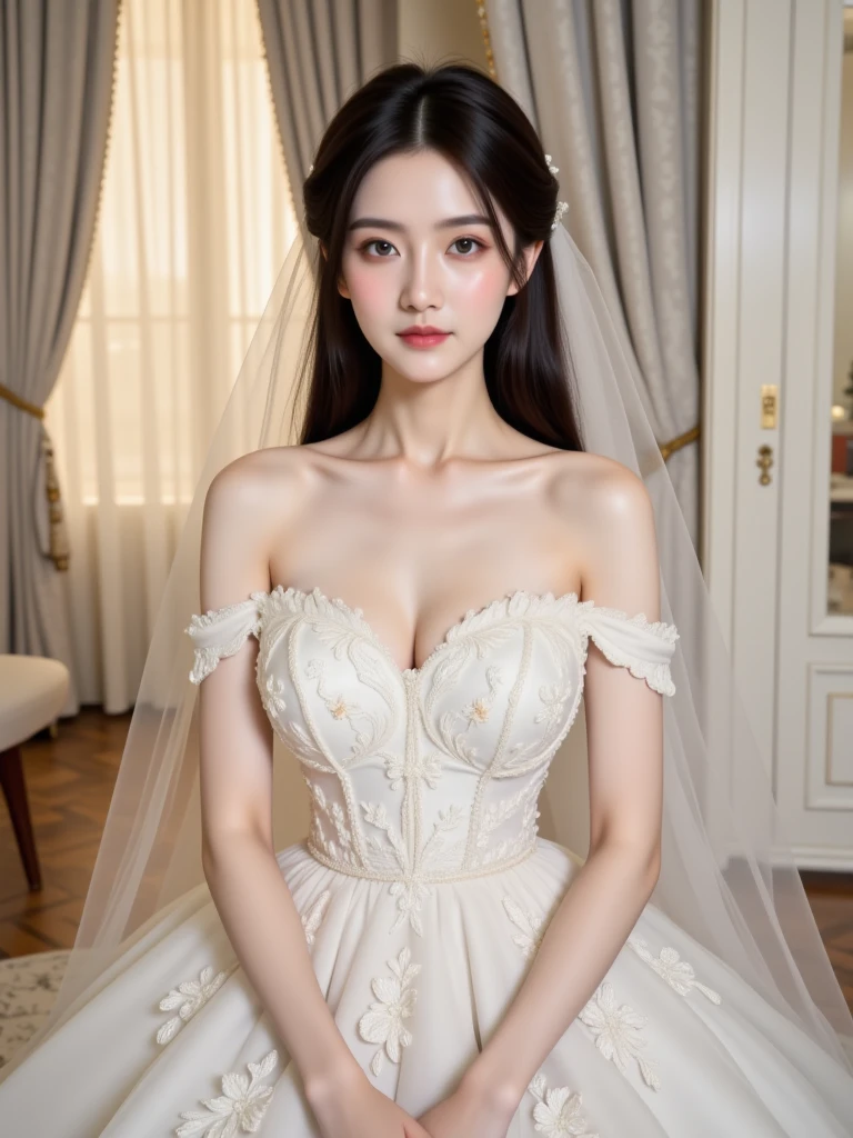 (masterpiece, best quality:1.5), highest quality, High resolution, super detailed, Realists, Upper body photo of a brunette young magical girl, detailed and beautiful eyes, beautiful detailed lips, very detailed eyes and face, longeyelashes, white satin wedding dress, Holding a magic wand in your hand, Cast a transformation spell, With her magic wand she turns a swan into a table, Glowing wands available,Beautiful and colorful makeup, elegant and noble々The jewelry bag, Gardens as background, soft daylight, bright colors, fine brushstrokes, Portrait style, Silk dress fabric, beautiful color palette, glowing skin, First-class rendering, that captures every detail, enchanting atmosphere, subtle shadows and lights, (perfect anatomy:1.2), (The stunning magical girl in a wedding dress turns a swan into a table, (a transformation with the magic wand:1.4), (magnificent panorama view:1.2)