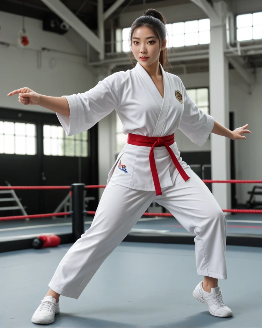 Date: 1991
Country: South Korea
Description: A tween practices taekwondo kicks in a sunlit courtyard in South Korea, each precise movement a testament to discipline and skill.