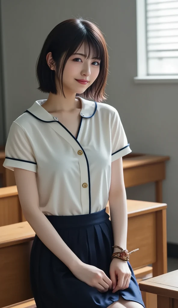 Highest quality、masterpiece、8k、Very detailed、Realistic、One girl、Looking at me with a smile、Black Hair、Short Hair、Small face、Slender、(Big Breasts:1.5)、Thin and beautiful legs、narrow and constricted waist,、Young face、A tight-fitting short-sleeved white shirt with buttons and a collar、Short navy blue pleated skirt、Red ribbon on chest、(Erect nipples:1.2)、(Only the middle button of the shirt is undone)