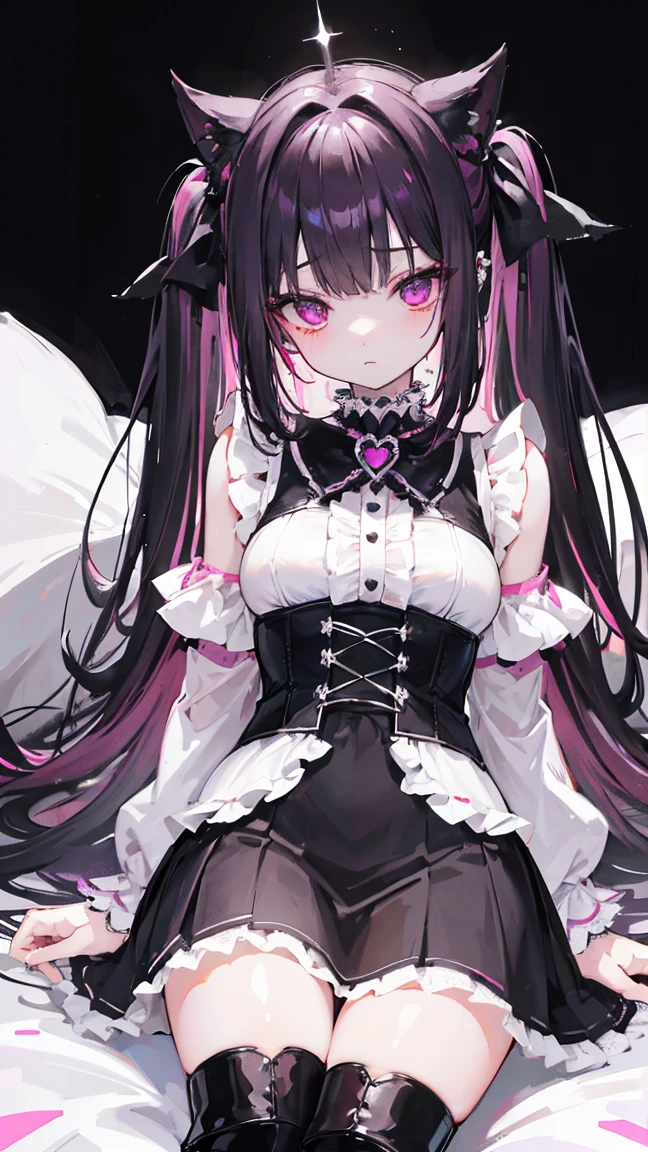 ((masterpiece、Highest quality、Very detailed))、One Girl、Black Hair、Long Hair、twintails、blunt bangs、Pink eyes、evil smile、((Grin))、(lots of piercing))、Large Breasts、jirai fashion、((Pink blouse))、Frills、Long sleeve、((Black pleated skirt))、((Black knee socks))、((skirt lift))、((black panties))、Cowboy Shot、((Night downtown background))