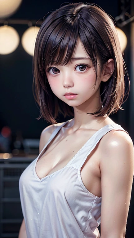 Tattered little white tank top, No bra, (Black mini skirt:1.15),(suspenders:1.2),Thick leather gloves, alone, woman, (Pyopplev1:1.05), Pyopple, (Lips parted,A light smile),(Glowing Skin:1.1),blush, ((bangs)), Long Hair, Clenched fist, raise your duke, Fighting pose,Skin Dentition, ((Slim figure)), (Long legs), model diagram,  Highest quality, Ultra-high resolution, (Realistic), (Detailed face and eyes), Industrial slum cyberpunk dystopia background