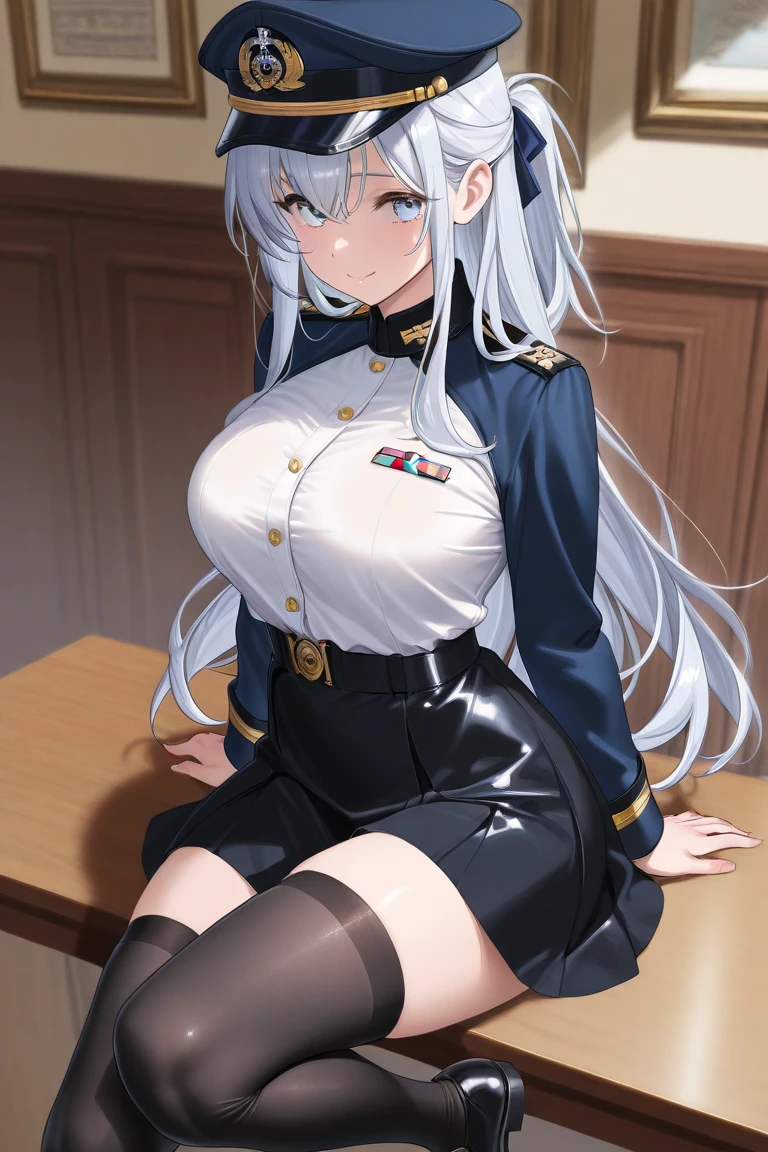 ((masterpiece)), ((highest quality)), (super detailed), ((very detailed)), 4K, (8K), highest quality, anime style, cinema light、whole body, focus on face, perfect style, cute face, Accurate, anatomically correct, ノ very detailed顔と肌の質感, fine eyes, 1 natural cheeks, shiny skin, Fair skin, Glossy skin、glossy lips、 embarrassed look,、exposed cleavage、Sperm in cleavage、sperm on thigh、Sperm caught、Overflowing sperm、masturbation behavior、touches crotch、skirt lift、blush、humiliating、embarrassing、frown、open your knees、open your legs、 white top and bottom underwear、white bra、small shiny earrings and necklace、disheveled clothes、exposed panties、stockings、soaking wet、sweaty、Sheer clothing、whole bodyポートレート、28 instars, neat woman,1 person、 upturned chest、silver hair、blonde、greenish gray eyes、blue gray eyes,Bedroom、bed、bright lighting、All limbs、full finger、Slender beauty、(beautiful big breasts:1.3)、female police officer、blue miniskirt police costume、