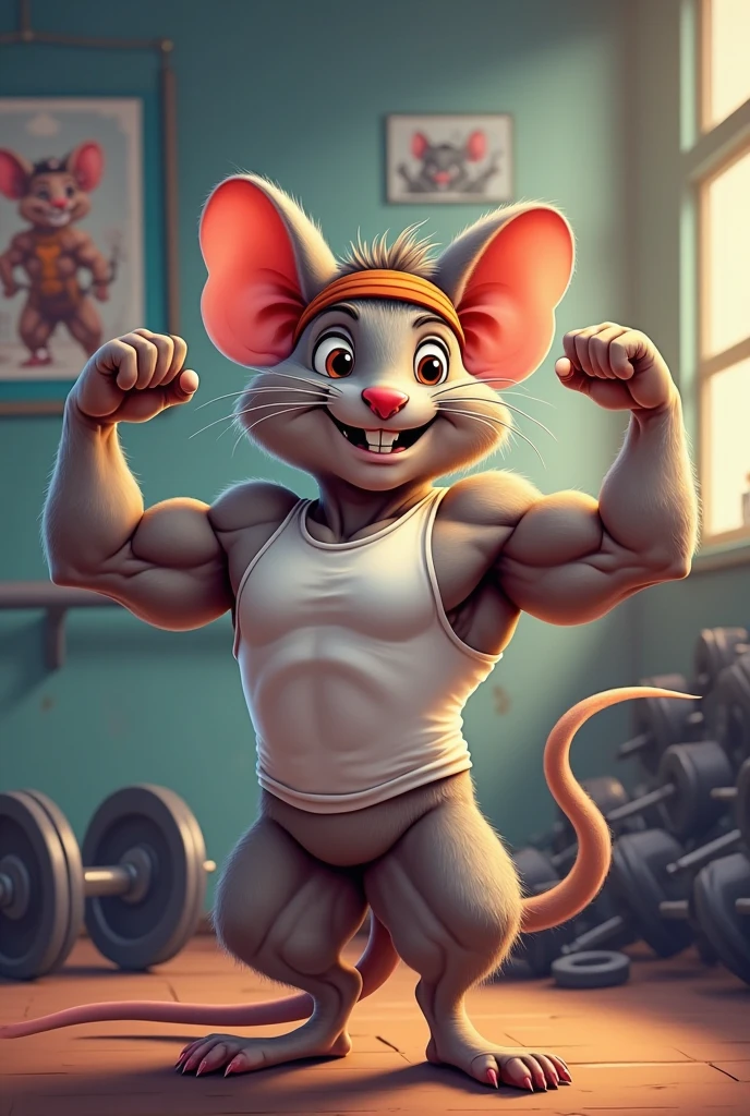 2D drawing of a larger than normal sized mouse, with a muscular and well-defined body. His muscles are clearly visible under smooth, gray skin.. He has a friendly face and a wide smile, showing sharp white teeth. Your eyes are big and bright, expressing happiness and confidence. He is wearing a pair of small dumbbells on his front paws., highlighting his robust physique. To complete, The mouse may be wearing a pair of sweatpants or a sports accessory that emphasizes its athletic and positive style..