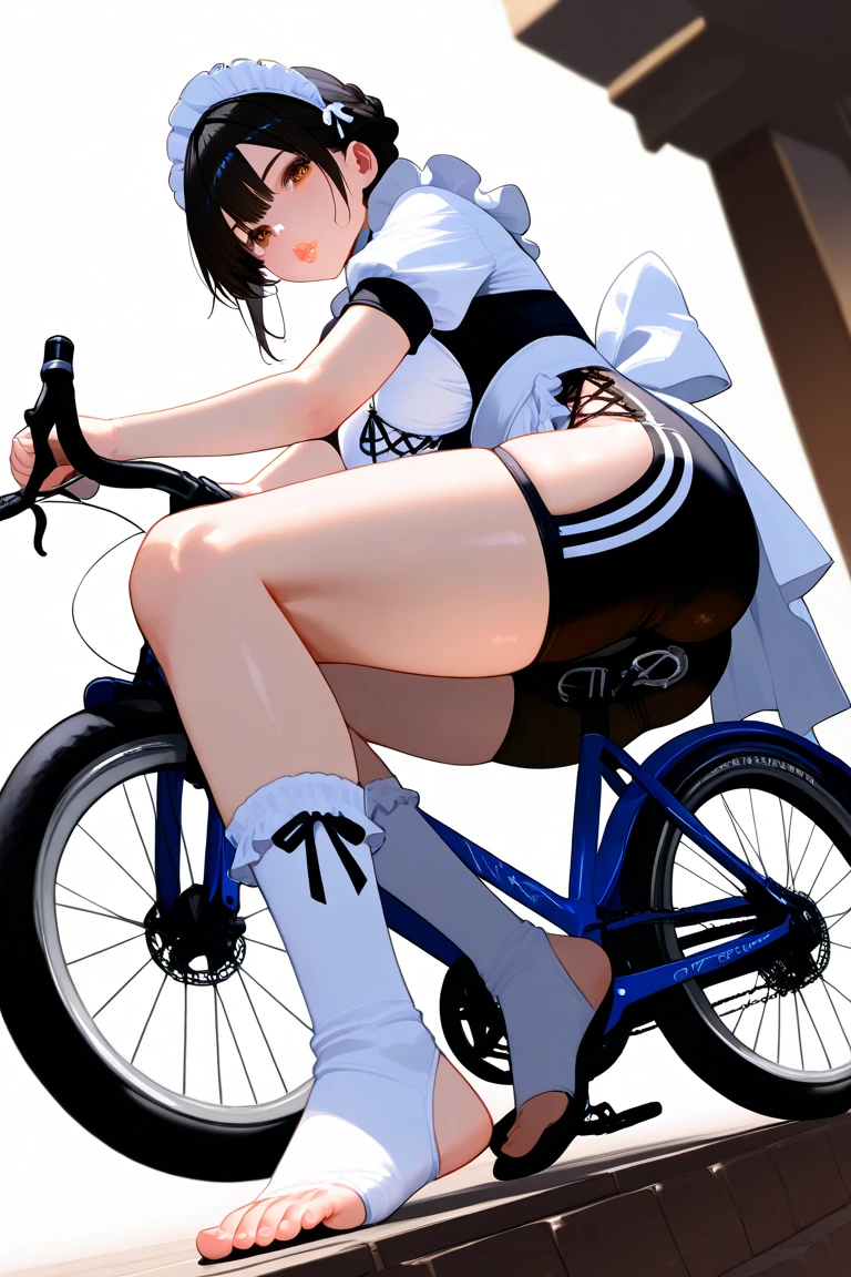 nsfw,(((masterpiece))), 1 girl, alone, looking at the viewer, short hair, brown hair, long sleeve, cleavage, medium breasts, closed mouth, clavicle, bikini, ground vehicle, play sports often, bicycle,(sexual fluid overflowing)、(angle from behind:1.5)、bicycleにまたがっている