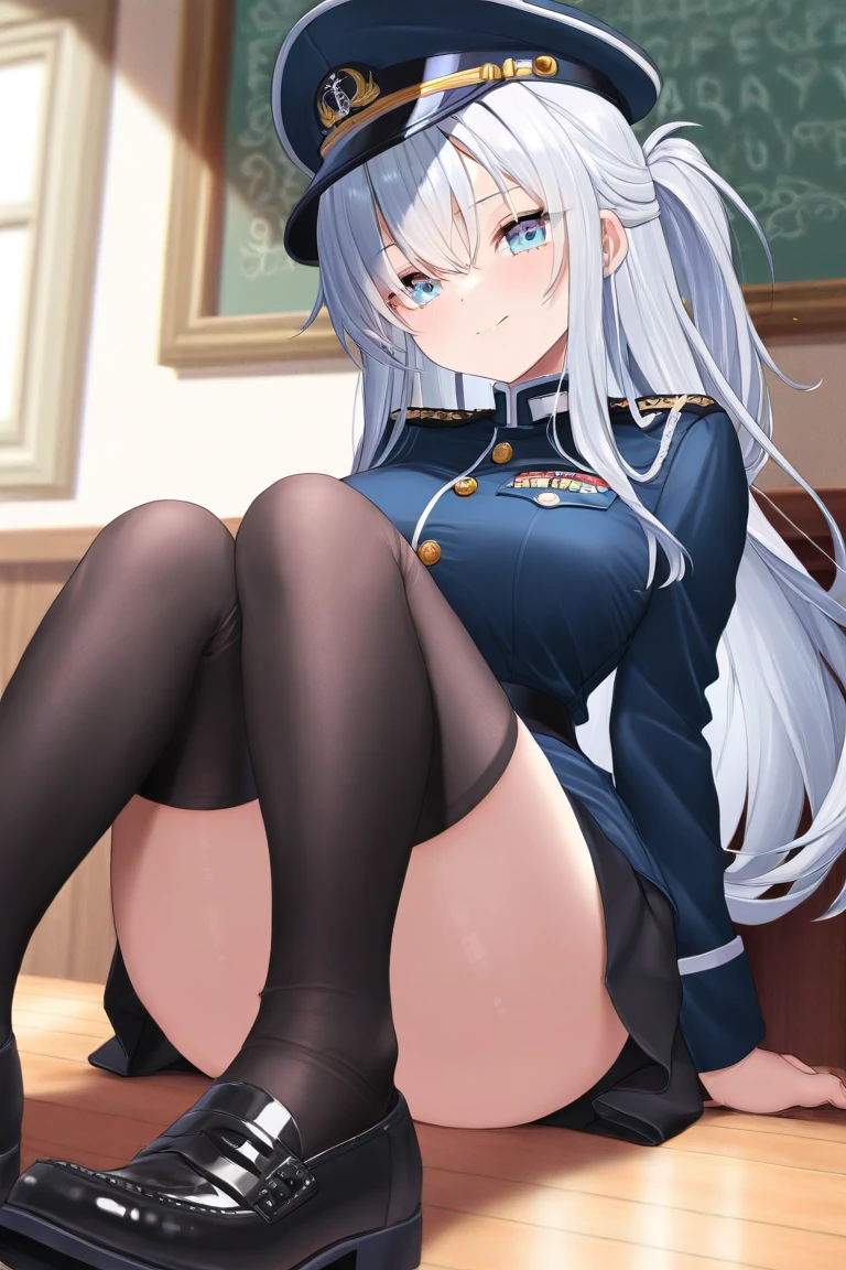 1 girl,Solo,standing,between thighs,masterpiece best quality,very aesthetic,absurdres,two-tone hair,medium bangs,big breast,crotch,silver and blue,Bluish silver,military hat,White jacket,jacket,sleeve,miniskirt,front view,garter belt,(crotch open),panties
