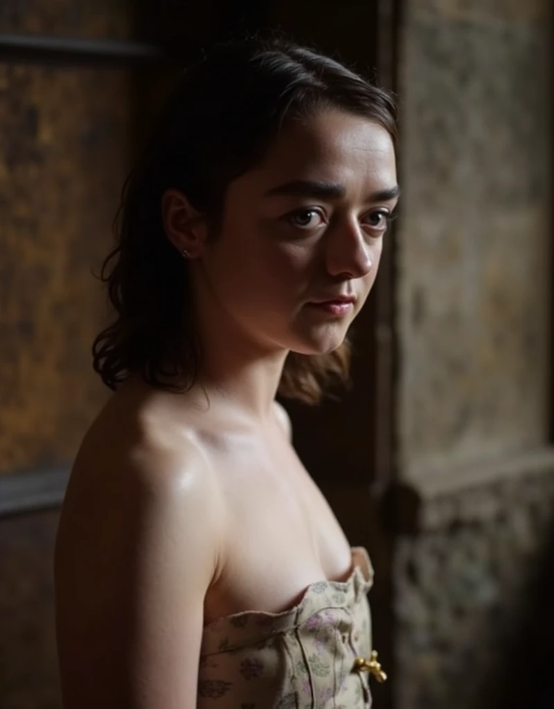 Foto RAW, RAW photograph of Maisie Williams, Arya Stark, Extremely gorgeous lady, Arya Stark PLAYED BY MAISIE WILLIAMS, Queen Arya Stark, she  a mature woman now, milf, sexy mediaeval battle dress, gladiator woman, body, 40 years old Woman,styled hair, fantasy movie character, body revealing costumes, perky breast, skin pores, big natural breast, erotic costumes, lusty physique, seductive figure can capture every people's attention, Game of thrones costumes, revealing captivating figure, Mediaeval costumes, revealing clothes, A tomboy, she would rather fence than dance, warrior queen , game of thrones screen caps, Game of Thrones Series, (pele altamente detalhada: 1.2), 8k UHD, DSLR, soft-lighting, alta qualidade, grain of film, Fujifilm XT3, flawless picture, highly detailed, detailed Beauty, intricate, 32k, sharp picture,