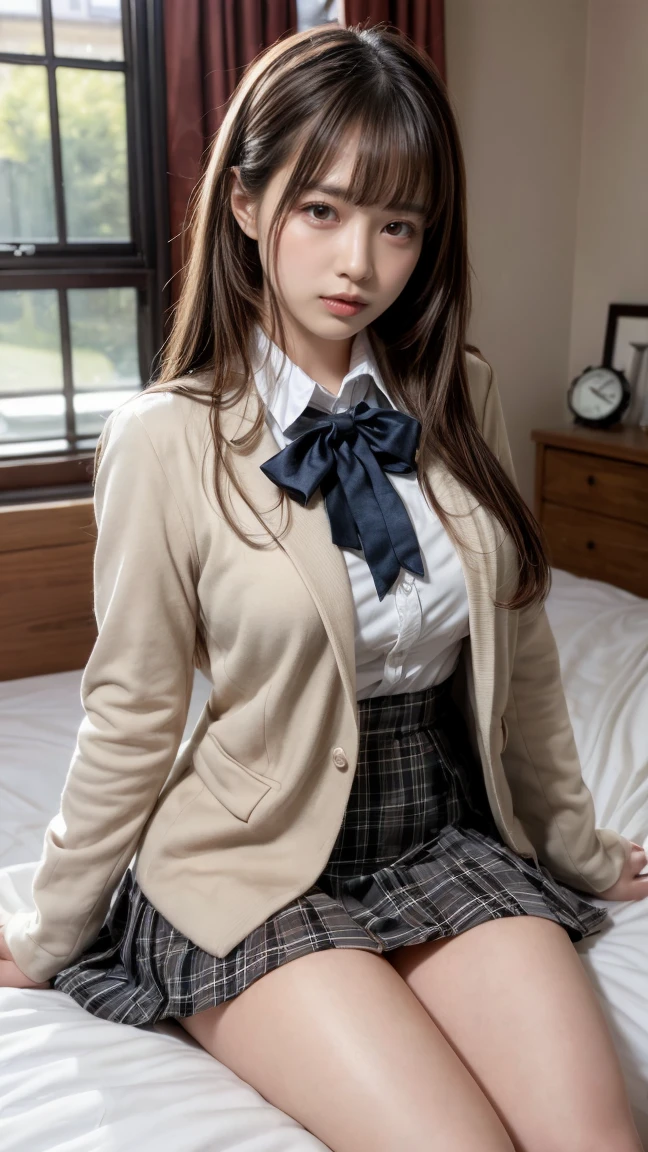 highest quality, masterpiece, very detailed, (full body shot), Front view, symmetry, mature japanese , alone, (alone: 1.3), thin legs, whole body from head to toe, From above, sitting, M-shaped spread legs, look at the viewer: 1.3), small breasts, (black pantyhose): 1.2), white panties are visible, very beautiful 17 year old girl, I don't have shoes, (blush: 1.3), shy big eyes, (short (brown hair part), (bangs), messy hair, (hairpin), Lying on white sheets, I'm watching you: 1.3), looking at camera, look white, white underwear, high school uniform blazer, high white shirt, high blue ribbon, High school student's plaid and navy pleated skirt, mikoto rose, long brown hair, brown eyes