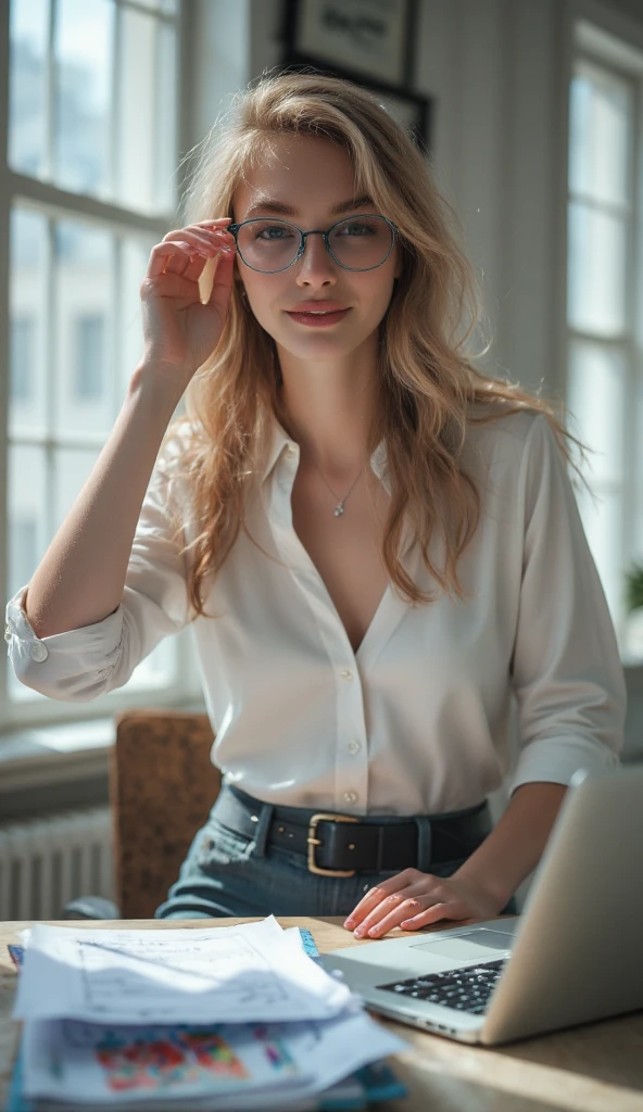 Realistic photo depth of field, perfect lighting, light particles,(Best Quality),(masterpiece),(ultra detailed),sharp focus, blue eyes, The blonde hates,short hair, smile, White skin, big breasts, big butt , round face, Alone, Upper part of the body, Living room, scenery,20 years,medium breasts, (White shirt, skinny jeans), (Wearing rectangular glasses)