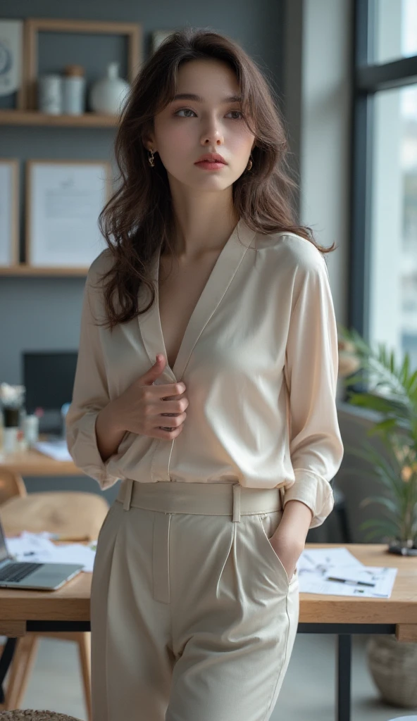 one woman、cute face、Rin々new expression、Japanese、Japanese、、gray eyes、beige hair、french braid、１６talent、white shirt、デニムのlong skirt、long skirt、random pose、(((photography studio、concrete background、perfect lighting、professional photographer、50ｍｍlens)))、highest quality、ultra high resolution、master piece:1.3，８ｋ、Precise finish、unreasonable