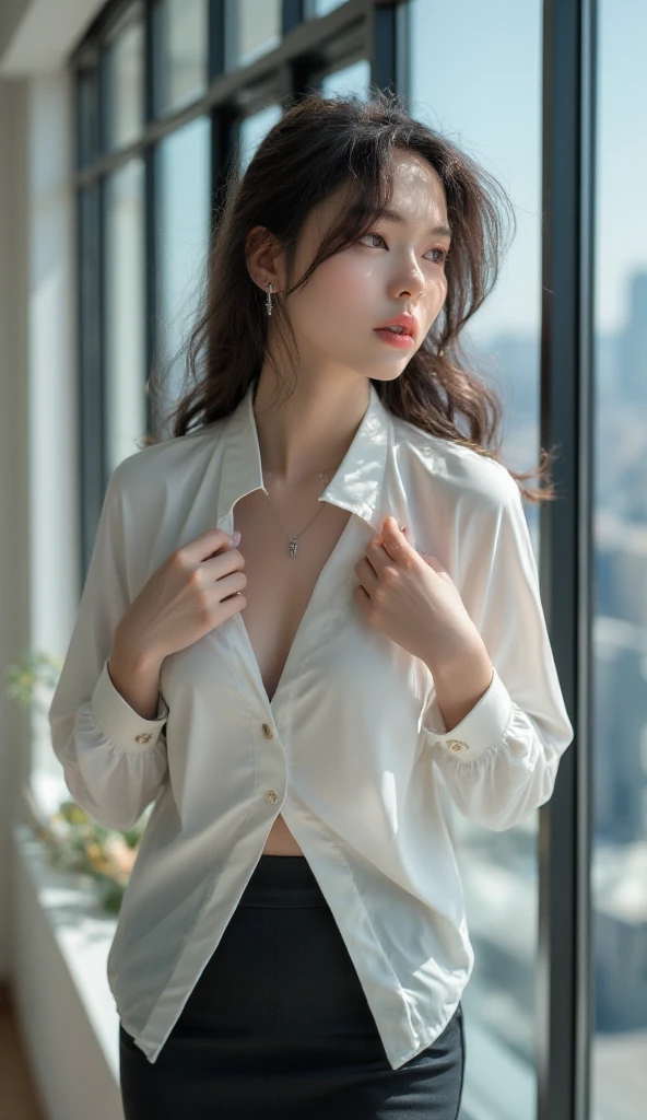 (8K、RAW photogr、top-quality、masterpiece:1.2)、(Realistic、真实感:1.37)、physically-based renderingt , Turkey、25 age old、femele、In the daytime、heavy rain poured、view over city、the street、Natural soft light、フォトンマッピング、Radio City、dark brown  hair、Full body lesbian、Detailed faces、詳細な唇、Detailed eyes、more skin、二重まぶた、Front view、(Big chest:1.4)、(Protruding nipples：1.3)、(Loose shirt、Unfasten your shirt、Shoulders protruded、Cracks are visible)、mini-skirts、Not wearing a bra、(Camel toes)、Glossy glossy skin、sexyposture、sexy facial expression、cow boy shot、Make eye contact with the camera