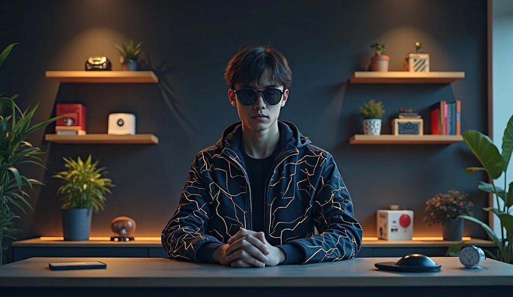 Create a image of "A 18 years anime boy sitting in front of a computer desk with a microphone and laptop, wearing black and red hoodie with the Channel Name on it "MASTER EXPLAINER". The background includes a large YouTube logo on the wall, potted plants on either side, and various recording equipment."