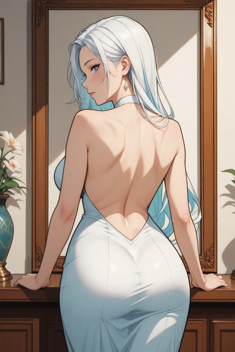 highest quality、Best image quality、masterpiece, (Anime Style),Beautiful lighting, one piece,yamato,yamato, Film Grain, ((Average chest, Slim girl)), yamato, Long Hair, 1 Girl, horn, Gray Hair, only, They are, Red horn, Winding horn, hair ornaments, (Multicolored Horn), jewelry, Earrings, kimono, kimono, Hairpin, Sleeveless, Exposing shoulders, Aqua Hair, Side Lock, hoop Earrings, In the same way, blush, Embarrassed look, ((Orange eyes, Slim girl)), Big Breasts , sexy pose, bewitching pose, leaning forward, all fours, ((back shot)), Cleavage, On the bed、