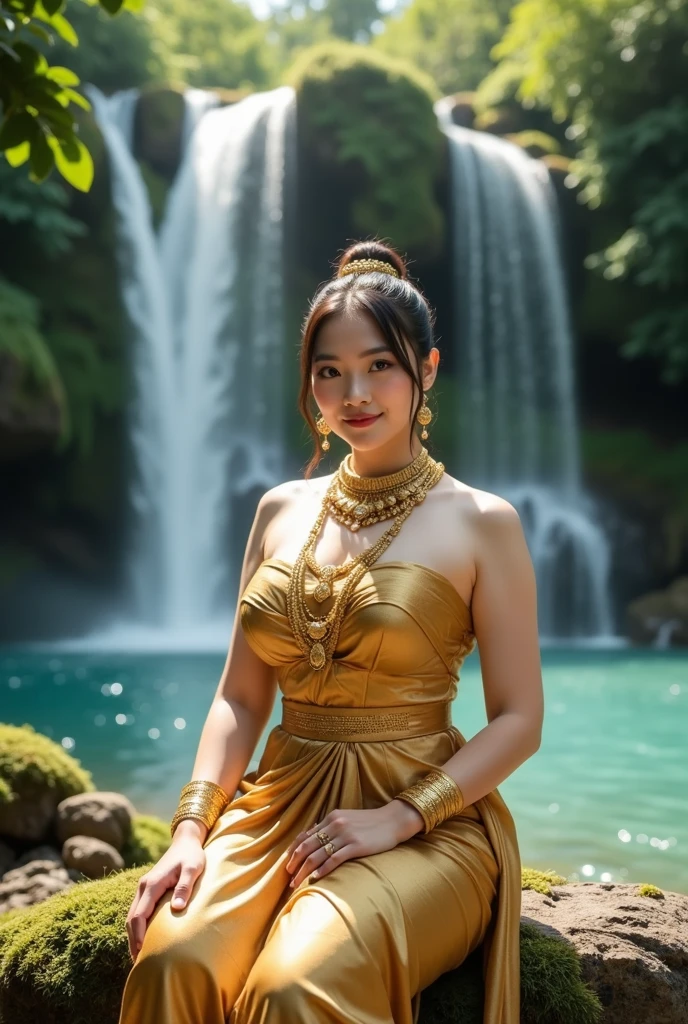 In this captivating scene, picture a 30-year-old Thai woman with a fair complexion and exquisite beauty. She is adorned in a sultry Thai outfit that tastefully accentuates her allure, confidently showcasing her well-proportioned figure. The traditional attire highlights her sensuality, with a subtle reveal of her ample bosom, adorned with delicate nipple covers.
The enchanting image unfolds as she engages in a playful interaction with a cascading waterfall, the water droplets glistening on her flawless skin. The backdrop is a stunning waterfall surrounded by lush greenery, creating a picturesque setting that perfectly complements the beauty of the Thai woman. The entire composition captures the essence of her youth, beauty, and the harmonious coexistence of the natural and human elements in this captivating moment, naked portrait, nude photography, shiny nipple