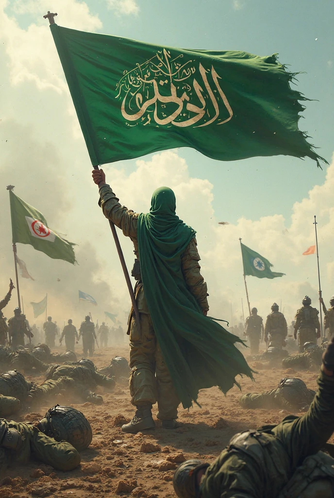A Muslim man holding the flag of Islam on a battlefield with thousands of dead people behind.