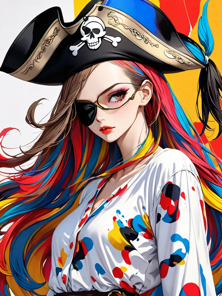 Black Star Red and White Style, watercolor painting, 8K resolution、((highest quality))、((masterpiece))、((Super detailed))、(((most fashionable design)))、1 female、alone、incredibly absurd、 (((The most beautiful pirate girl of all time))), (((Stylish sunglasses))), lips in love, pirate bandana,neon、small breasts,、(((graffiti art))), colorful hair, provocative
